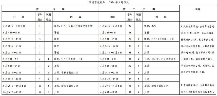 深圳市2024-2025学年普通中小学校校历