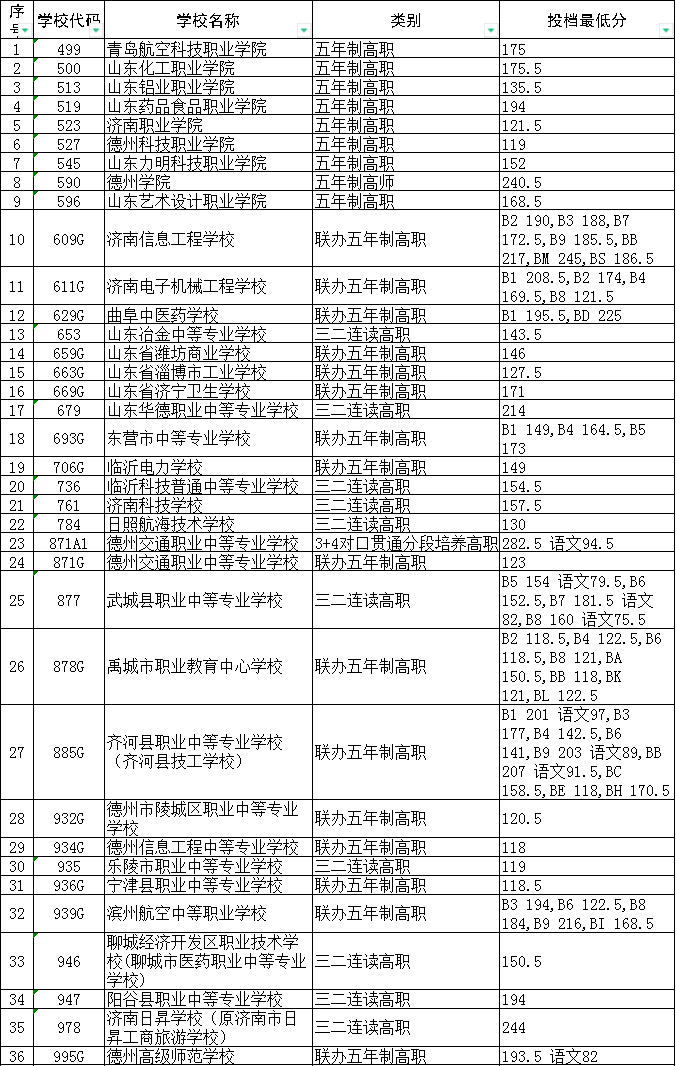 德州市2024年初中后高职高师第一阶段投档分数线